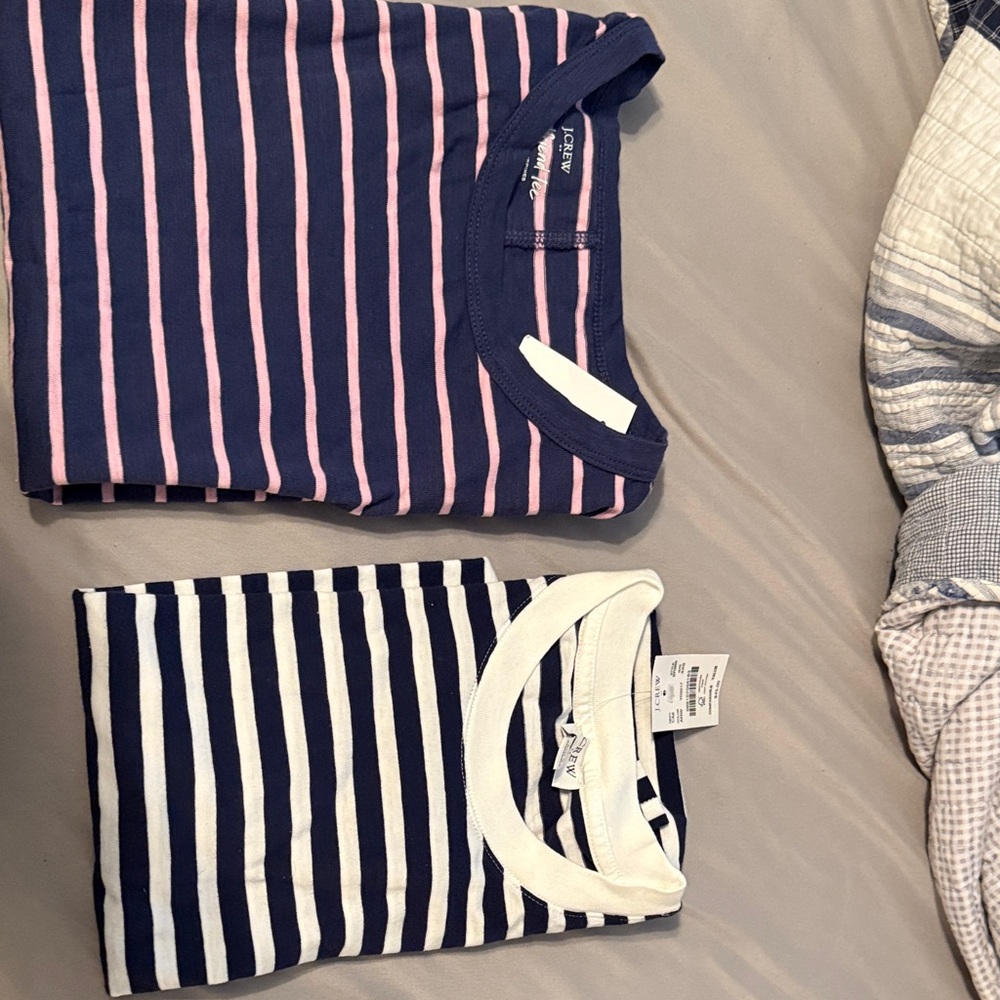 J. Crew Navy and Pink Striped Short Sleeve Tees